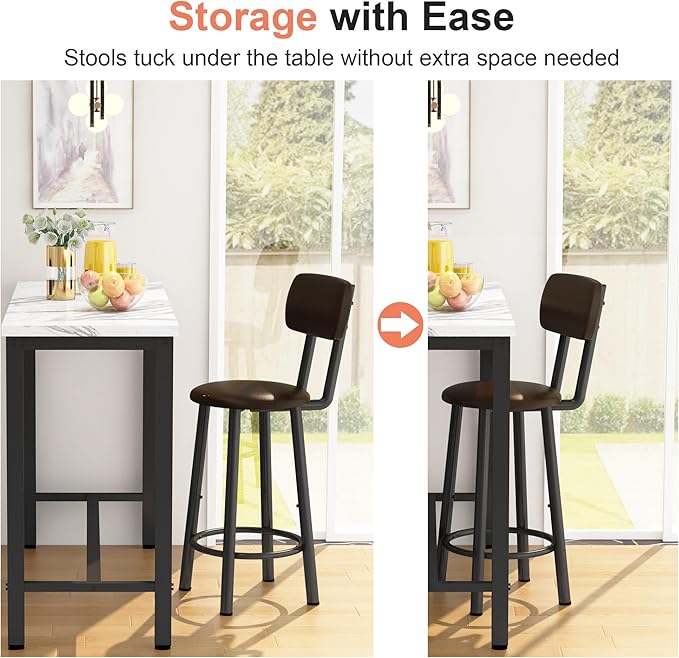 Lamerge Faux Marble Pub Height Table with 2 PU Upholstered Stools,3-Piece Kitchen Table and Chairs,Suit for Dining Room & Living Room & Breakfast Nook,Space Saving Set for 2,White & Brown,39.3"