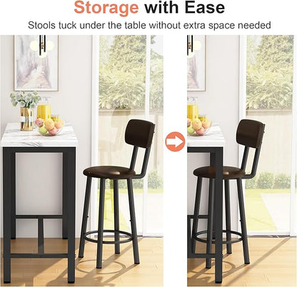 Lamerge Faux Marble Pub Height Table with 2 PU Upholstered Stools,3-Piece Kitchen Table and Chairs,Suit for Dining Room & Living Room & Breakfast Nook,Space Saving Set for 2,White & Brown,39.3"