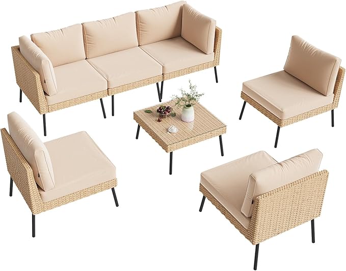 Aoxun Outdoor Patio Furniture Set, 7-Piece Wicker Patio Conversation Set Sectional Sofa with Water Resistant Thick Cushion & Coffee Table for Backyard Porch Poolside, Beige