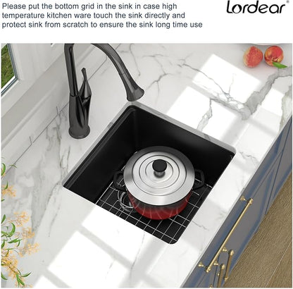 Lordear 18 Inch Undermount Granite Composite Bar Sink 18"x18" Composite Quartz Kitchen Sinks Black Single Bowl Under Counter Ledge Workstation Bar Prep RV Sink Basin
