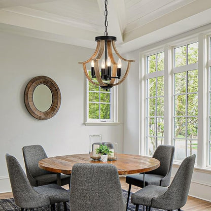 LAMPKEDUO Farmhouse Hanging Pendant Lighting, 4-Light Rustic Flush Mount Ceiling Light Fixture,Modern Faux Wood Vintage Chandelier for Dining Room Kitchen Island Foyer Hallway Entryway Bedroom