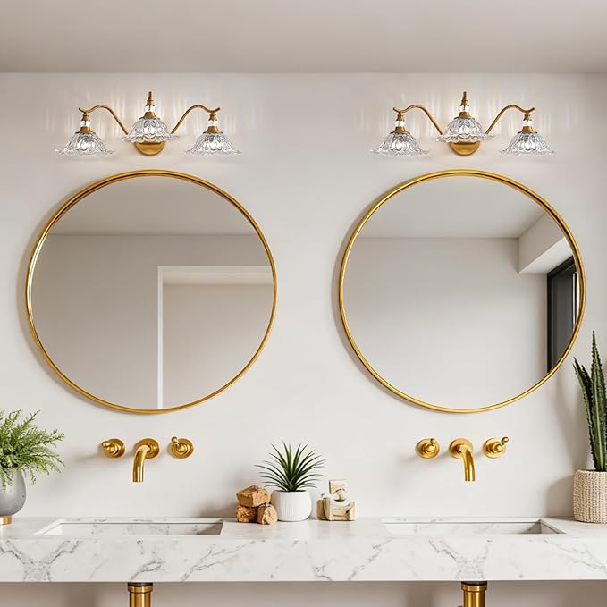 Vintage Bathroom Vanity Light Fixtures - 3 Light Antique Brass Bathroom Lights Fixture Over Mirror with Clear Flower Glass,Retro Brushed Gold Bronze Wall-Mounted Vanity Lighting for Powder Room
