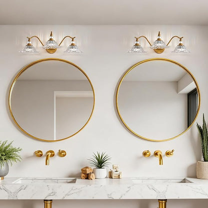 Vintage Bathroom Vanity Light Fixtures - 3 Light Antique Brass Bathroom Lights Fixture Over Mirror with Clear Flower Glass,Retro Brushed Gold Bronze Wall-Mounted Vanity Lighting for Powder Room