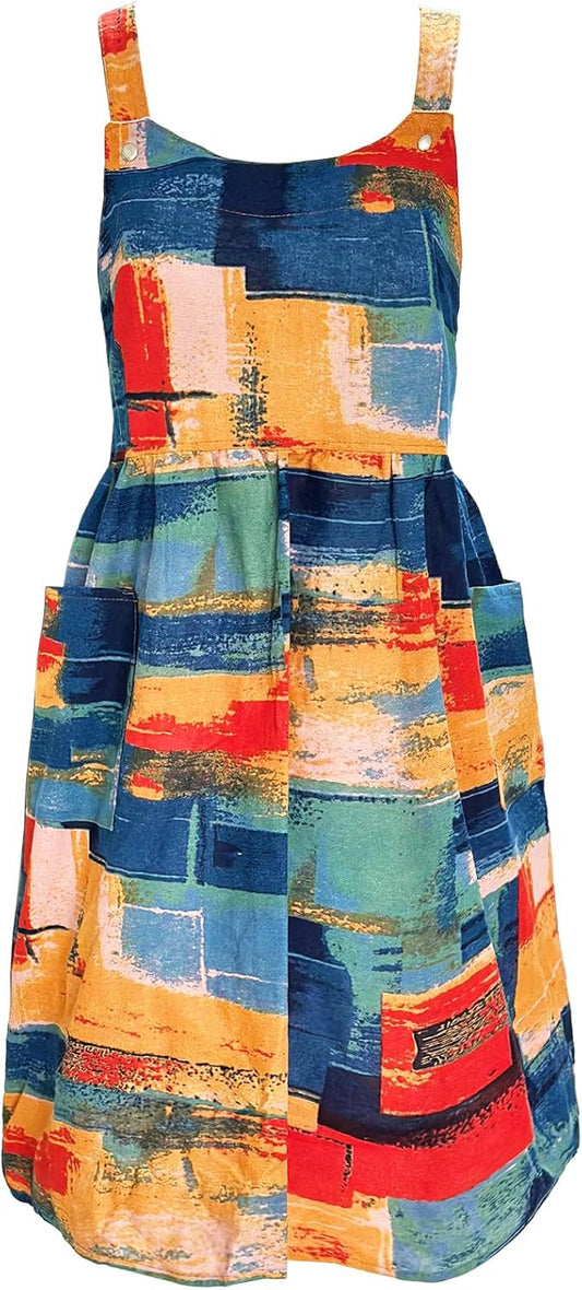 Cityelf Vintage Pinafore Apron Dress Snap Adjust Linen Cotton with Pockets Floral Aprons for Cooking Gardening