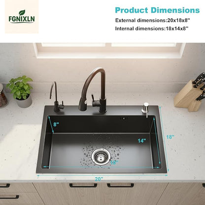 Drop In Kitchen Sink with Faucet Combo18 Gauge Stainless Steel Single Bowl Kitchen Sink Large Deep Round Corner Handmade Topmount Overmount Basin Kitchen Sinks (20"x18")