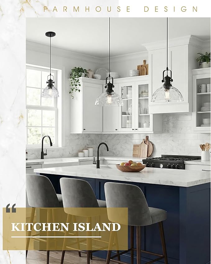 Large Pendant Lights Kitchen Island, 10.5" Farmhouse Black Pendant Lighting with Hammered Glass Shade, Vintage Hanging Light Fixtures for Dining Room Entryway, AD-22151-1PL-BK-H