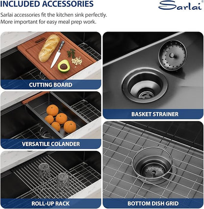 Sarlai 36 Black Undermount Kitchen Sink Workstation - 36x19 Inch Kitchen Sinks with Ledge NANO-Tech Gumental Black Sink Round Corner 16 Gauge Stainless Steel Single Bowl Sink Basin