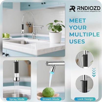 LED Kitchen Faucet with Pull Down Sprayer - Chrome Single Handle Commercial Kitchen Faucets, 2-Spout Kitchen Sink Faucet, Stainless Steel Spring Pull Out Sink Faucet 1/3 Hole