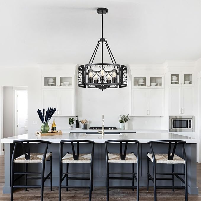 Sigaitwei 5-Light Farmhouse Chandelier Rustic Black Chandelier for Dining Room,Adjustable Pendant Light,Drum Chandelier for Kitchen Island Entryway Bedroom Hallway,18.9'',E26.