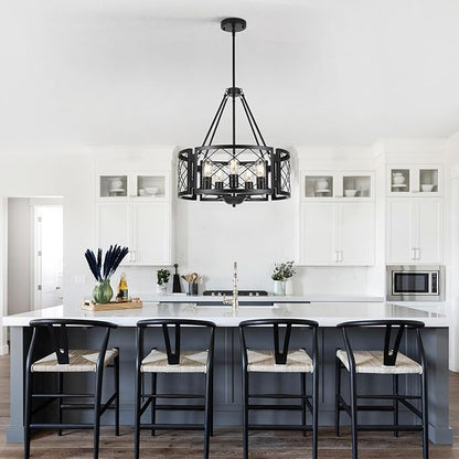 Sigaitwei 5-Light Farmhouse Chandelier Rustic Black Chandelier for Dining Room,Adjustable Pendant Light,Drum Chandelier for Kitchen Island Entryway Bedroom Hallway,18.9'',E26.