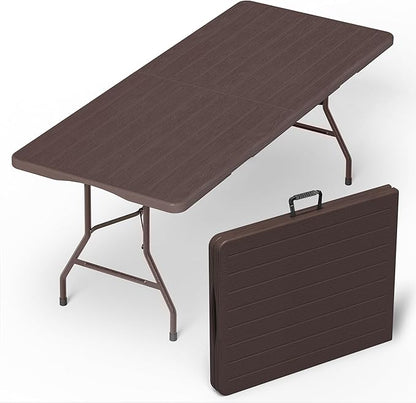 Folding Table 6 Foot for Indoor Outdoor, Portable Heavy Duty Fold-in-Half Utility Plastic Foldable Dining Table with Carrying Handle for Picnic, Camping and Party, Brown