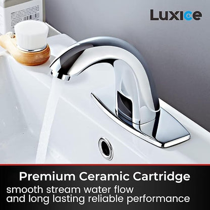 Touchless Bathroom Sink Faucet - Automatic Motion Sensor Battery Opertated with Temperature Mixing Valve for Commercial Lavatory Bathroom, Chrome