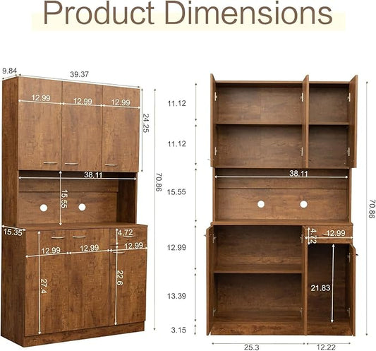DMAITH 71" Kitchen Pantry Cabinets with Microwave Stand, 6 Doors & 3 Adjustable Shelves, Freestanding China Cabinet Hutch, Buffet Cabinet with Storage, Walnut