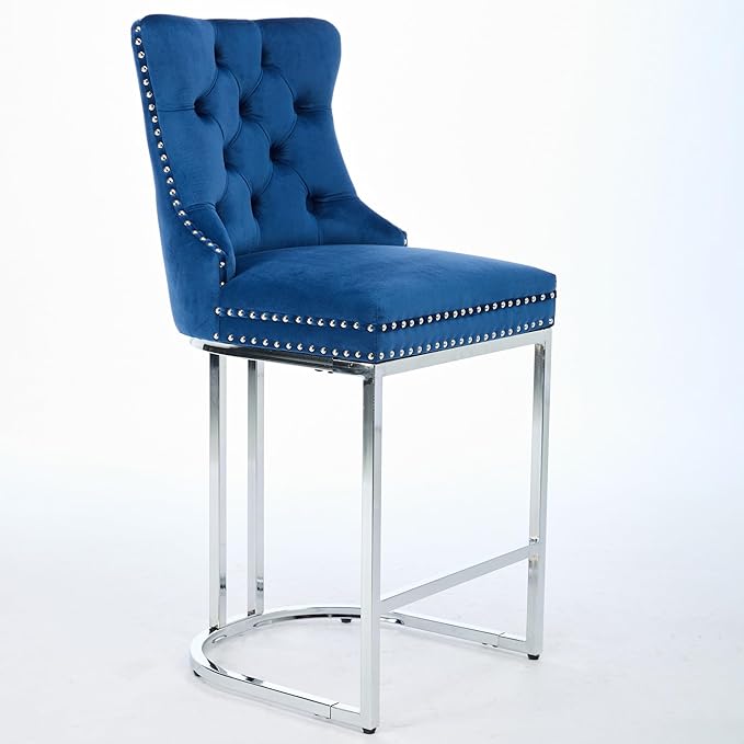 25" Counter Height Bar Stools Set of 2, Modern Velvet with Button Back Rivet Trim Upholstered Kitchen Island Chairs with Sturdy Chromed Metal Base Legs Farmhouse Bar Stools, (Blue,2 Pack)