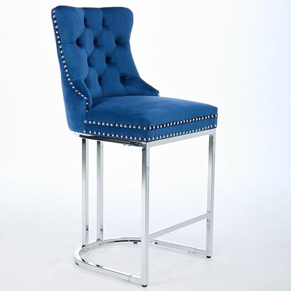 25" Counter Height Bar Stools Set of 2, Modern Velvet with Button Back Rivet Trim Upholstered Kitchen Island Chairs with Sturdy Chromed Metal Base Legs Farmhouse Bar Stools, (Blue,2 Pack)