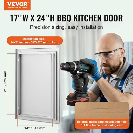 VEVOR BBQ Access Door, 17W x 24H Inch Single Outdoor Kitchen, Stainless Steel Flush Mount, Wall Vertical with Recessed Handle, for BBQ Island, Grilling Station, Outside Cabinet