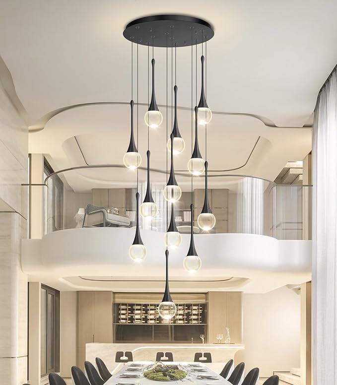 12 Light High Ceiling Crystal Chandelier Dimmable LED Pendant Lights with Remote Adjustable Chandeliers for Foyer Staircase Living Room Black