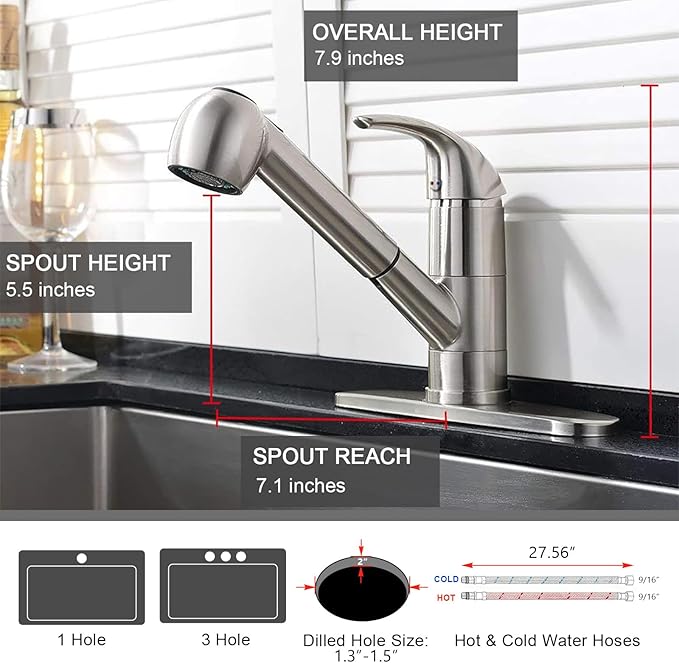 Kitchen Faucet with Pull Out Sprayer, Low Profile Stainless Steel Single Handle Brushed Nikcel Utility Laundry Sink Faucet 1 or 3 Hole Grifo De Cocina