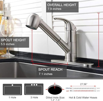 Kitchen Faucet with Pull Out Sprayer, Low Profile Stainless Steel Single Handle Brushed Nikcel Utility Laundry Sink Faucet 1 or 3 Hole Grifo De Cocina