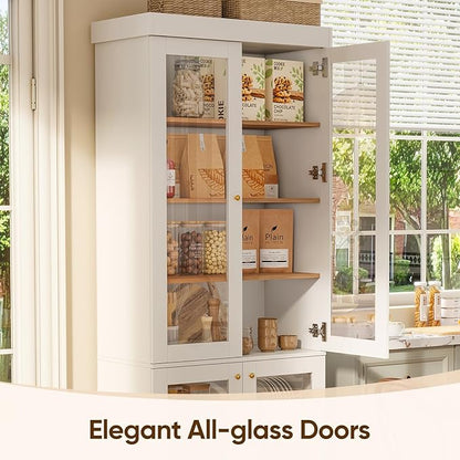 70.8" Tall Farmhouse Kitchen Pantry Cabinet with Glass Doors, Modular Wooden Storage Cabinet with 6-Tier Adjustable Shelves, Hutch for Kitchen or Living Room, Set of 3, White
