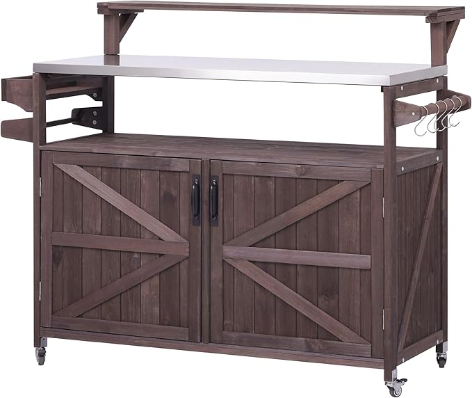 YOPTO 53.3" Outdoor Kitchen Island with Raised Shelf,Solid Wood Grill Cart,Stainless Steel Top,Adjustable Shelf,Spice Rack,Lockable Wheels,Brown