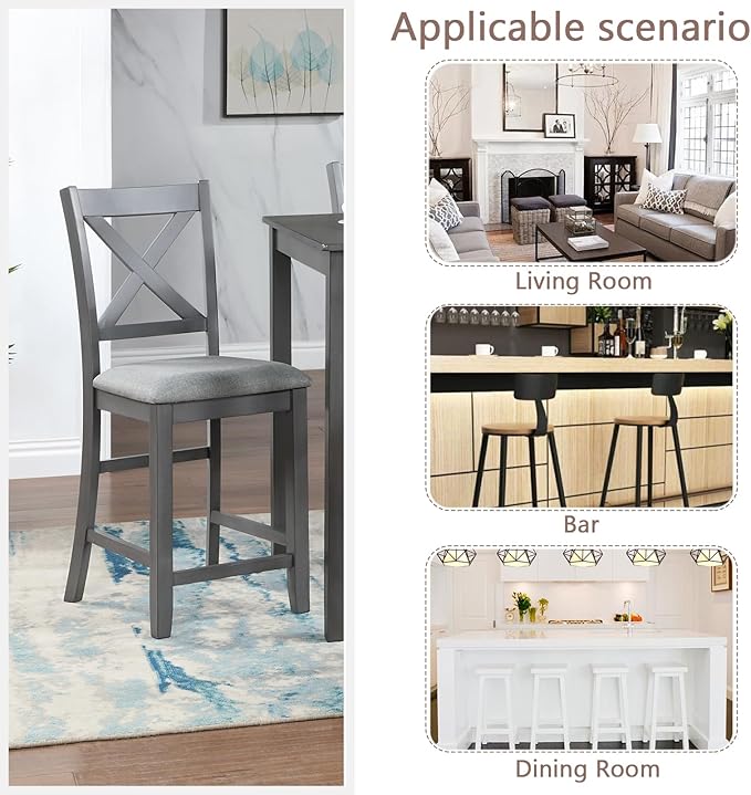 Set of 4 Dining Chairs, Wooden Kitchen Chairs with Padded Cushion, Upholstered Stools for Kitchen Island, Dining Room, Living Room, Easy Assembly (Gray - X-Shaped backrest)