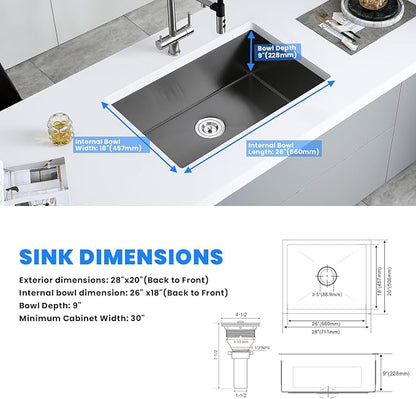 POPFLY 28×20 Inch Undermount SUS 304 Kitchen Sink, 18 Gauge Stainless Steel Handmade 9 Inch Deep Single Bowl Kitchen Sinks PVD Gunmetal Finish, Black