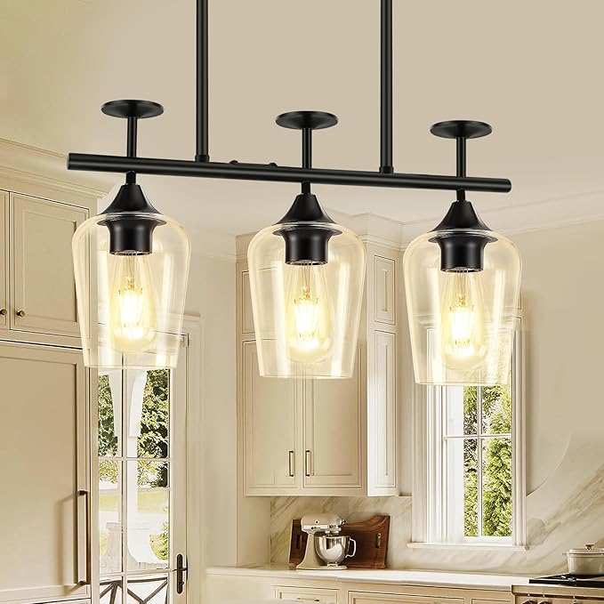 3-Light Pendant Lights Kitchen Island Lighting Fixtures Black Linear Chandelier Dining Room Light Fixture Ceiling Hanging Modern Kitchen Chandeliers Over Table with Clear Glass Shades