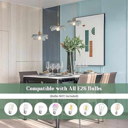Mid Century 3-Light Pendant Chandelier – Dark Green Glass Shades & Gold Brass, Vintage Hanging Light for Dining Room, Kitchen Island, Farmhouse Living Room