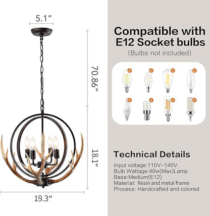 Farmhouse Antler Pendant Light – 19.3"x18.1" Metal Globe and Resin Antlers, E12 Base, Brown Indoor Hanging Light for Kitchen Dining Room