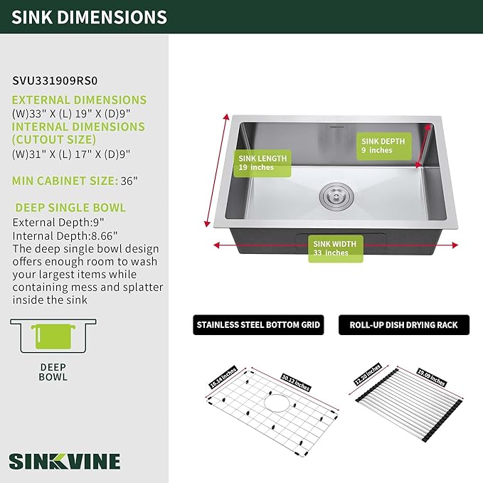 33-inch Undermount Kitchen Sink - SINKVINE Single Bowl Stainless Steel Kitchen Sink, Large Size Handmade Basin with 3.5-inch Drain Strainer, Bottom Grid Protector, Roll-up Drying Unit, 33" x 19" x 9"