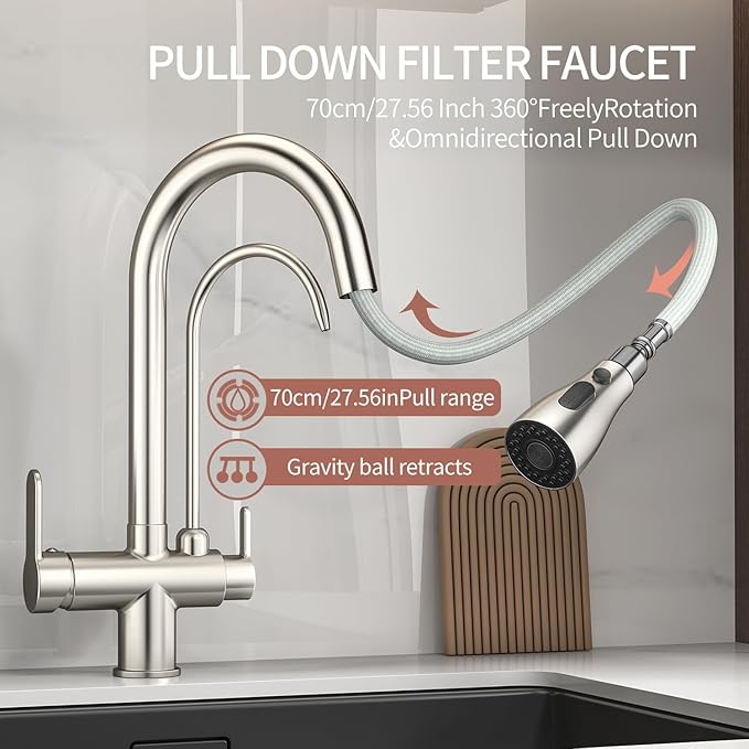 Kitchen Sink Faucet with Pull - Down Sprayer, 2 - Handle 3 - in - 1 Kitchen Sink Filter Faucet, Cold and Hot Mixer Drinking Water Faucet (3-in-1 Filter Faucet, Brushed Nickel-1)