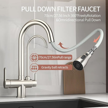Kitchen Sink Faucet with Pull - Down Sprayer, 2 - Handle 3 - in - 1 Kitchen Sink Filter Faucet, Cold and Hot Mixer Drinking Water Faucet (3-in-1 Filter Faucet, Brushed Nickel-1)