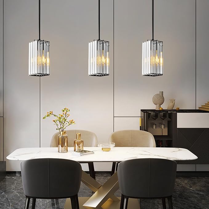 Modern Pendant Light Black Rectangle Pendant Lighting Mini Crystal Chandeliers Adjustable Pendant Light Fixture for Kitchen Island Dinning Room Living Room Corridor Bedroom(Black 1-Pack)