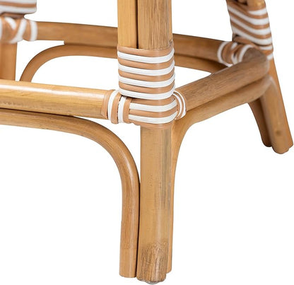Bali & pari Mattie Rattan Bistro Counter Stool - Handwoven Accent Seating with Backrest for Kitchen Island or Indoor/Outdoor Lounge, Honey Natural & White