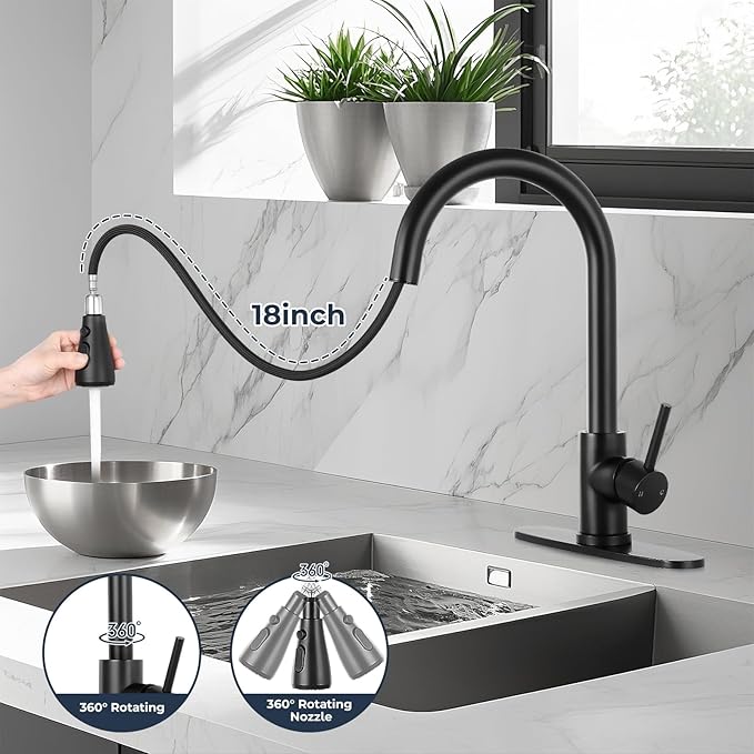 FGKQ Matte Black Kitchen Faucet with Pull Down Sprayer, Kitchen Sink Faucet with Sprayer and Deck, Commercial Faucet for Kitchen Sink, Single Handle, Suitable for RV/Bar Sink