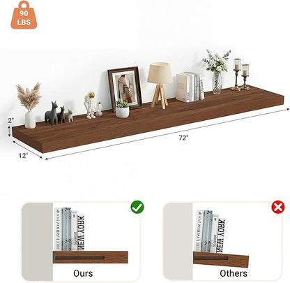 Heimlove 12 Inch Deep Floating Shelves, 72 x 12 inches Long Wall Shelf, Large Extra Display Shelf & Storage Shelf, Rustic Wood Wall Shelves for Fireplace Mantel, Walunt - 1Pack