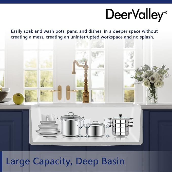 DeerValley Farmhouse Kitchen Sink 33 inch, White Fireclay Apron Front Farm Sinks, Single Bowl Deep Drop In Undermount Sink with Grid and Basket Strainer, Easy to Clean