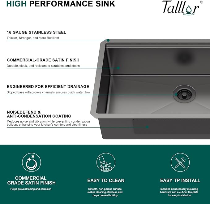 32x19 Black Undermount Kitchen Sink - Workstation 16 Gauge 304 Stainless Steel Single Bowl Under Counter Handmade Sinks with Mixing Bowl, Cutting Board, and Pasta Strainer #TLU-0043