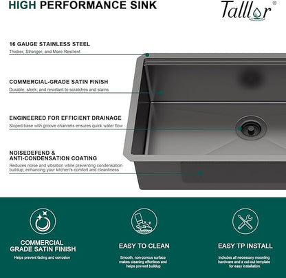 32x19 Black Undermount Kitchen Sink - Workstation 16 Gauge 304 Stainless Steel Single Bowl Under Counter Handmade Sinks with Mixing Bowl, Cutting Board, and Pasta Strainer #TLU-0043