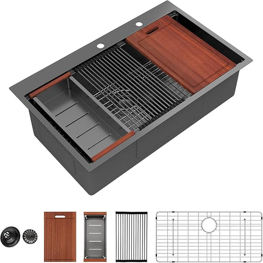 Sarlai 36 Inch Black Drop In Kitchen Sink Workstation - 36x19 Drop In Kitchen Sink Black Stainless Steel Topmount Workstation Sink 16 Gauge Deep Single Bowl Top-mount Kitchen Sink