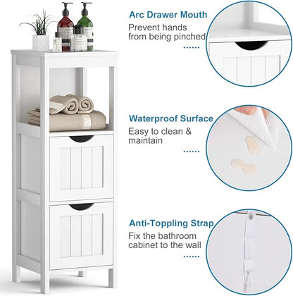 Tangkula Bathroom Floor Cabinet, Wooden Storage Cabinet w/2 Adjustable Drawers, Narrow Storage Floor Cabinet for Living Room Bathroom Office (White)