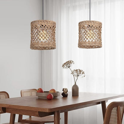 Arturesthome Boho Hand Woven Rattan Pendant Light Fixture, Mini Farmhouse Natural Chandelier Lighting, Retro Wicker Hanging Lamp for Kitchen Island D 7.8″*7.8″