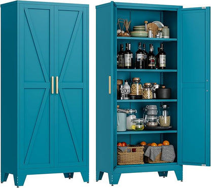LCAOPC 71" Tall Metal Storage Cabinet with 2 Doors and 4 Adjustable Shelves, 5-Tier Kitchen Pantry Storage Cabinet for Kitchen, Living Room, Dining Room and Office, Blue