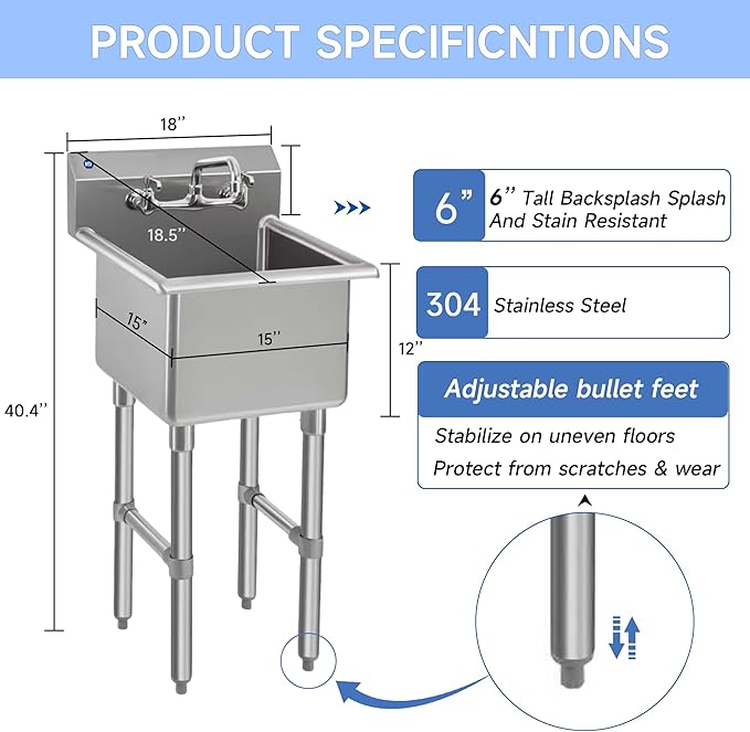 ROCKPOINT Stainless Steel Prep & Utility Sink with 8" Faucet, 1 Compartment Commercial Handmade Sink with 15" D x 15" W x 12" H Bowl for Restaurant,Kitchen,Laundry,Hotel and Home