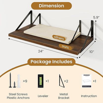 Acovy Deep Floating Shelves,24" Wx10 D Floating Shelf for Wall Set of 2,Hanging Storage Shelf with Metal Brackets,Wide Display Wall Shelves for Living Room,Bedroom,Bathroom,Kitchen,Walnut