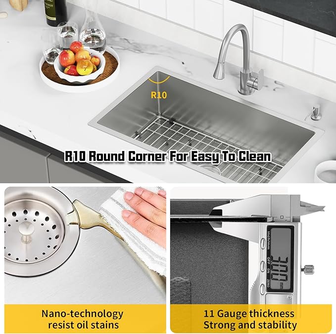 31x18 Inch Stainless Steel Kitchen Sink-Undermount Single Bowl Drop In Kitchen Sink Stylish And Modern Look Come With Bottom Grid,Silicon Mat And Drain Assembly Add Elegance & Enhance Usability