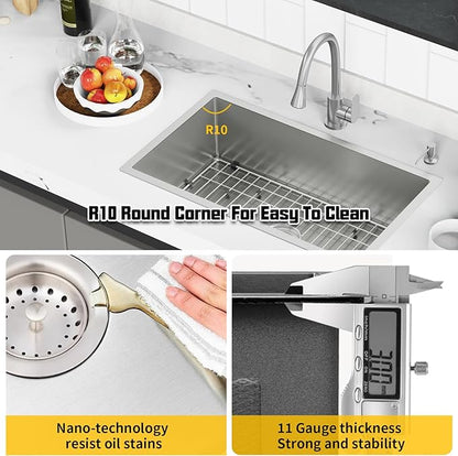 31x18 Inch Stainless Steel Kitchen Sink-Undermount Single Bowl Drop In Kitchen Sink Stylish And Modern Look Come With Bottom Grid,Silicon Mat And Drain Assembly Add Elegance & Enhance Usability