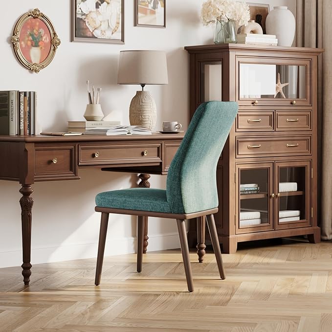 MALOL Upholstered Dining Chairs Set of 2, Modern Kitchen Chairs with High Back, Padded Fabric Dining Room Chair with Solid Wood Legs for Restaurant/Cafe/Home, Green