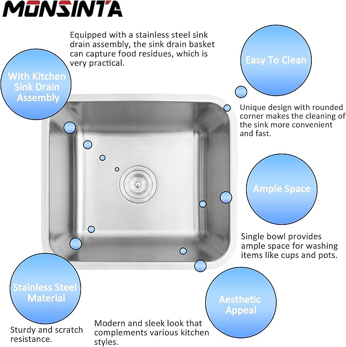 Bar Sink, 18" x 16" x 8" Undermount Kitchen Sink,T-304S Stainless Steel RV Kitchen Sinks, Small Kitchen Sinks With Sink Drain Strainer, Use at Rv, Bar,Outdoor, Laundry and Utility,Bathroom
